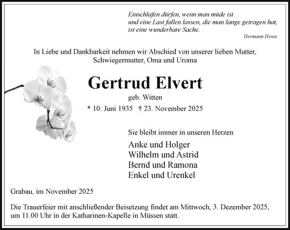  Traueranzeige für Gertrud Elvert vom 29.11.2025 aus Wochenend Anzeiger
