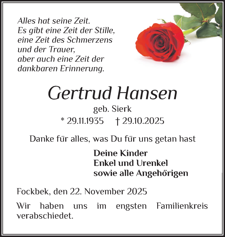  Traueranzeige für Gertrud Hansen vom 22.11.2025 aus Schleswig-Holsteinische Landeszeitung