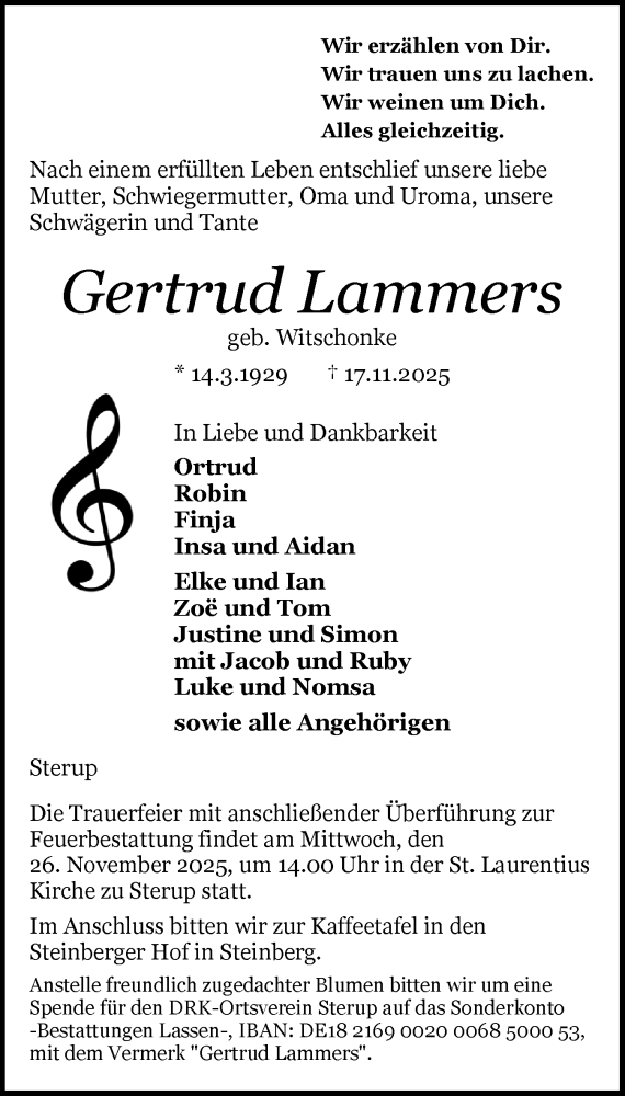  Traueranzeige für Gertrud Lammers vom 22.11.2025 aus Flensburger Tageblatt