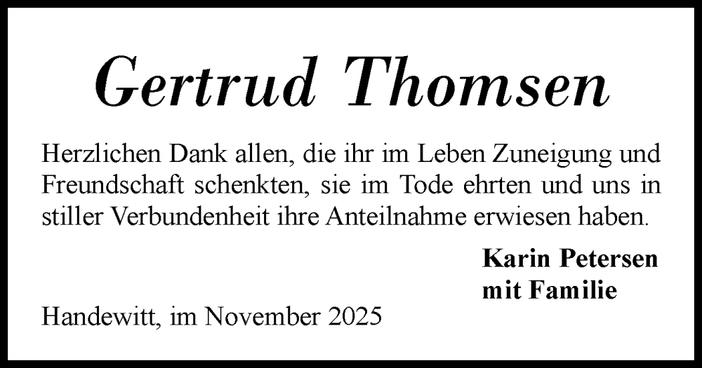  Traueranzeige für Gertrud Thomsen vom 22.11.2025 aus Flensburger Tageblatt