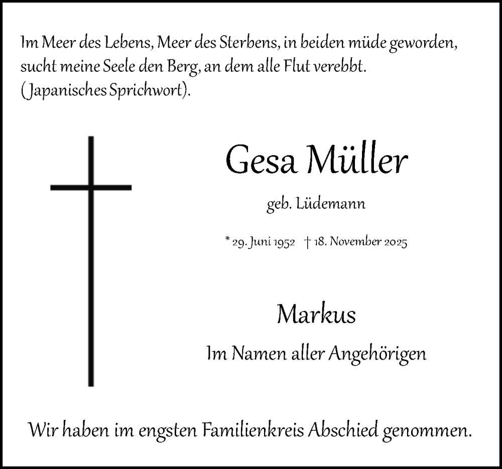 Traueranzeige für Gesa Müller vom 29.11.2025 aus Uetersener Nachrichten, Der tip am Wochenende