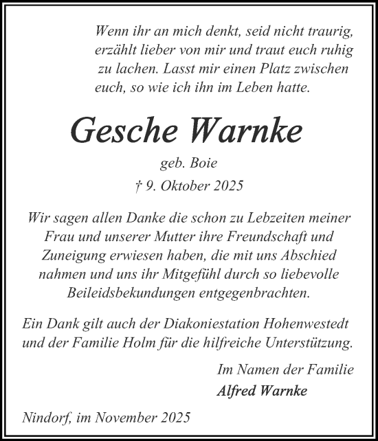 Traueranzeige von Gesche Warnke von Schleswig-Holsteinische Landeszeitung