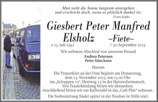 Traueranzeige von Giesbert Peter Manfred Elsholz von Husumer Nachrichten, Nordfriesland Tageblatt