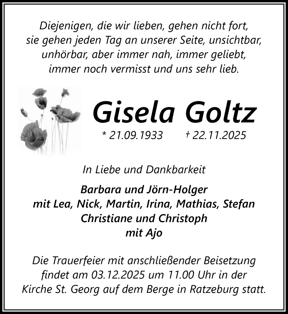  Traueranzeige für Gisela Goltz vom 29.11.2025 aus MARKT Ratzeburg/Mölln
