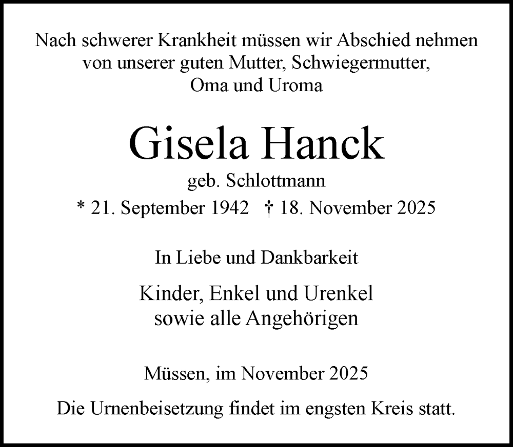  Traueranzeige für Gisela Hanck vom 29.11.2025 aus Wochenend Anzeiger