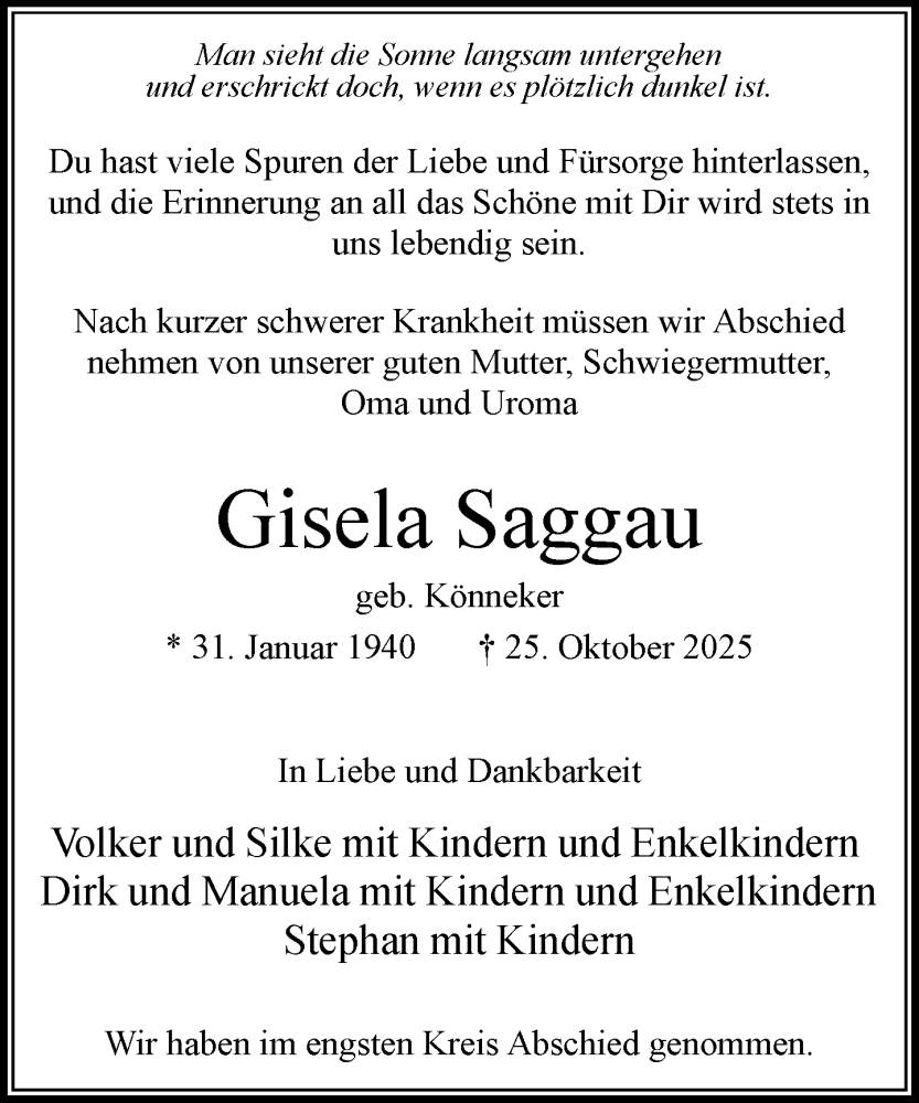  Traueranzeige für Gisela Saggau vom 15.11.2025 aus MARKT Bad Oldesloe/Reinfeld und Stormarner Tageblatt