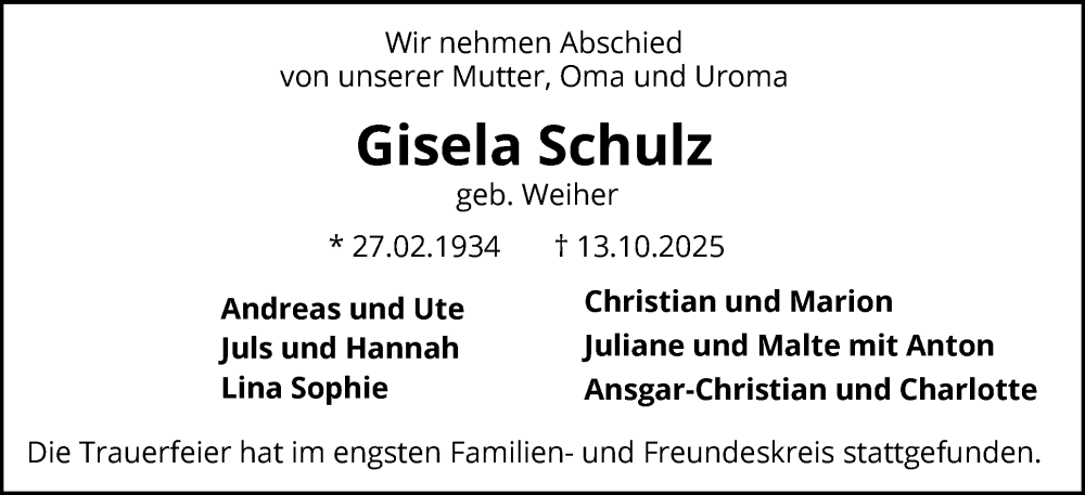  Traueranzeige für Gisela Schulz vom 15.11.2025 aus Schleswiger Nachrichten, Schlei-Bote