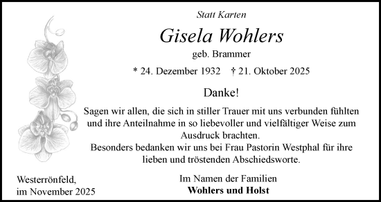 Traueranzeige von Gisela Wohlers von Schleswig-Holsteinische Landeszeitung
