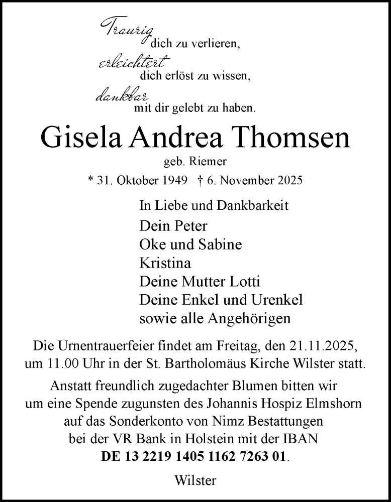  Traueranzeige für Gisela Andrea Thomsen vom 15.11.2025 aus Norddeutsche Rundschau, Wilstersche Zeitung, Glückstädter Fortuna