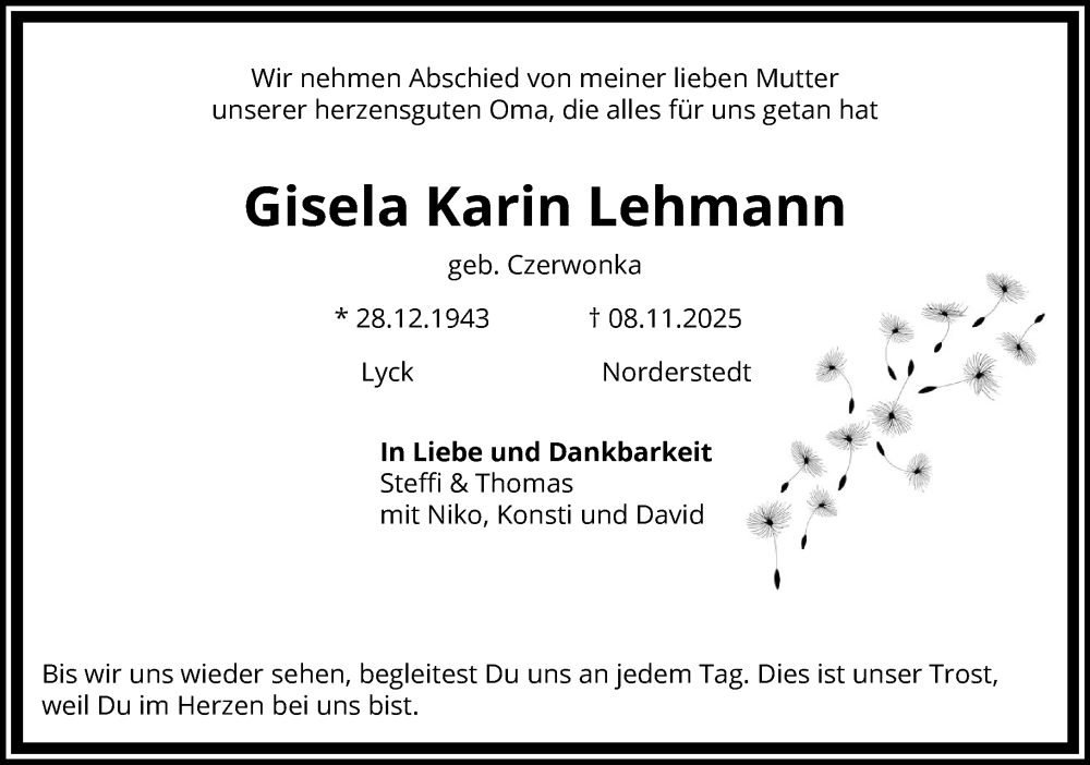  Traueranzeige für Gisela Karin Lehmann vom 15.11.2025 aus Heimatspiegel