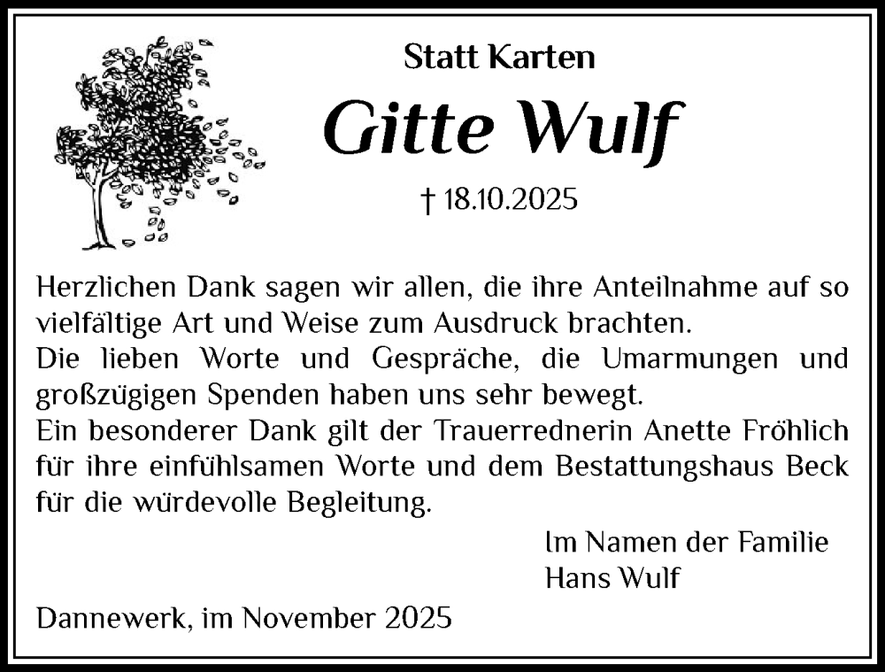  Traueranzeige für Gitte Wulf vom 29.11.2025 aus Schleswiger Nachrichten, Schlei-Bote