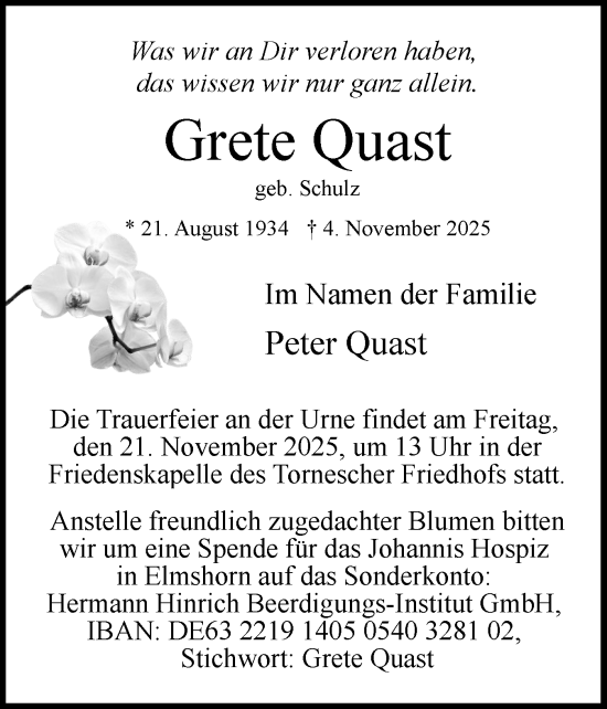 Traueranzeige von Grete Quast von Uetersener Nachrichten, Der tip am Wochenende
