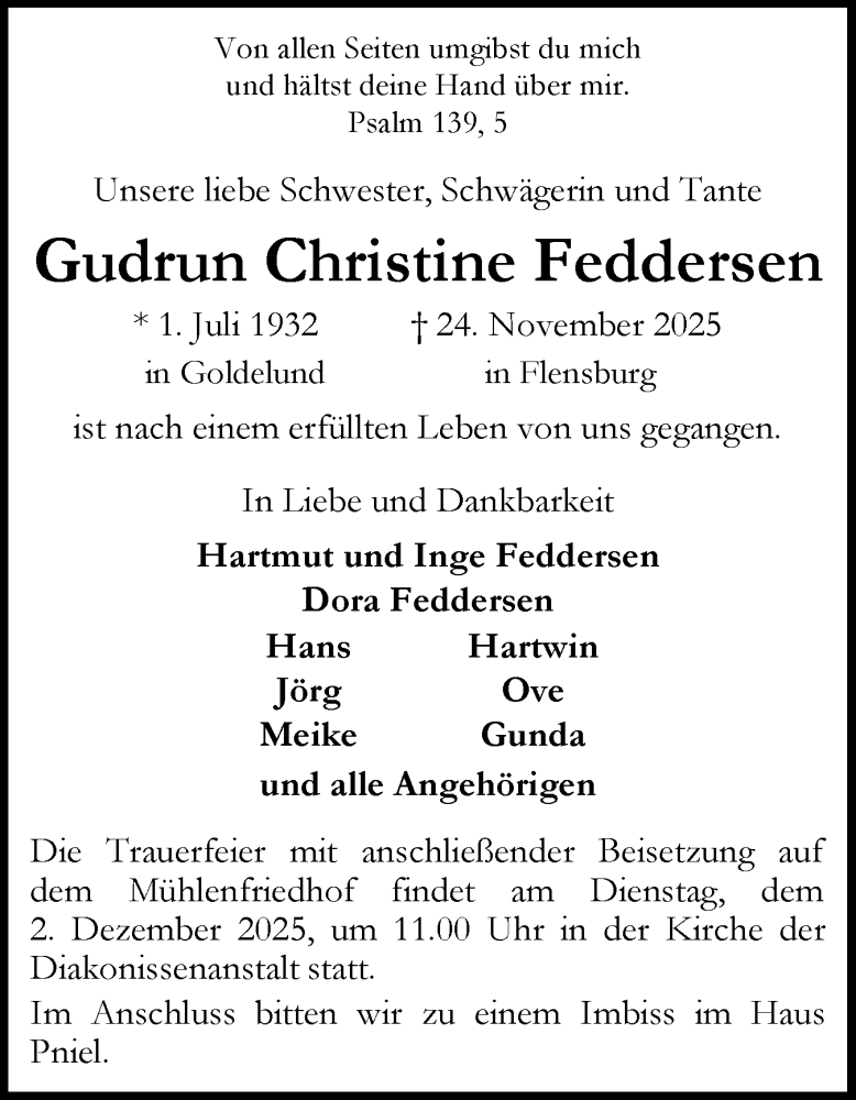  Traueranzeige für Gudrun Christine Feddersen vom 28.11.2025 aus Flensburger Tageblatt