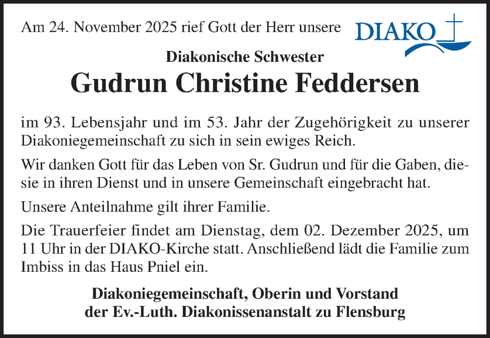 Traueranzeige für Gudrun Christine Feddersen vom 28.11.2025 aus Flensburger Tageblatt