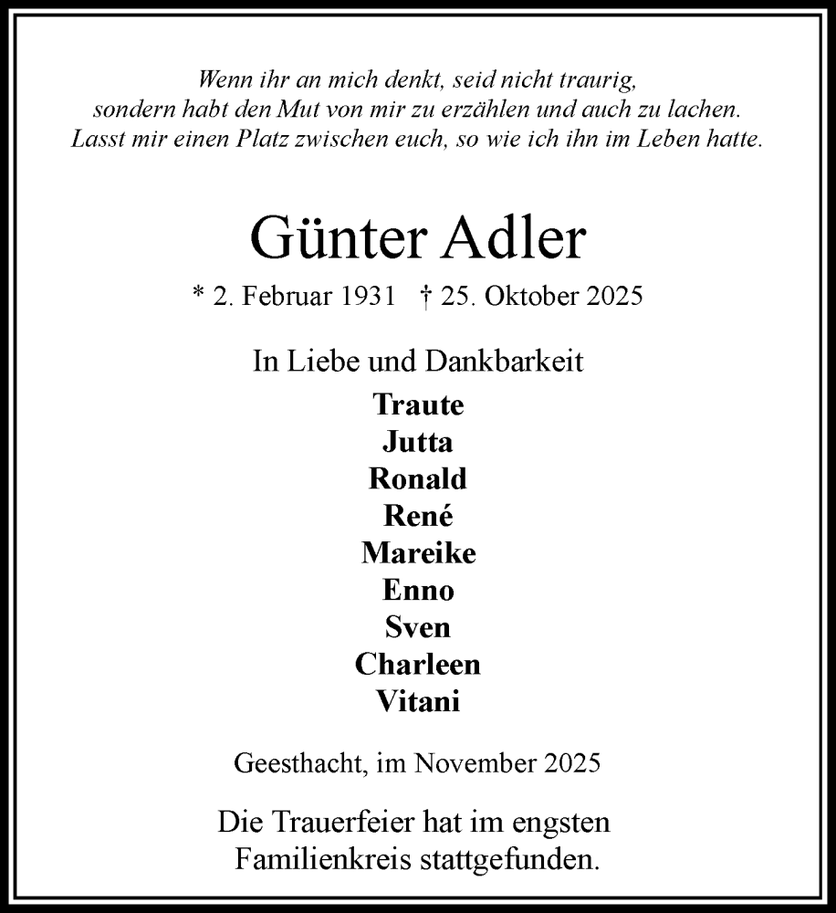  Traueranzeige für Günter Adler vom 08.11.2025 aus Wochenend Anzeiger