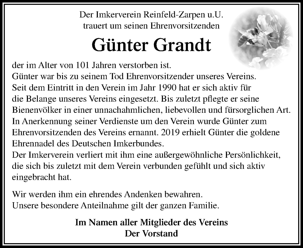  Traueranzeige für Günter Grandt vom 08.11.2025 aus MARKT Bad Oldesloe/Reinfeld und Stormarner Tageblatt