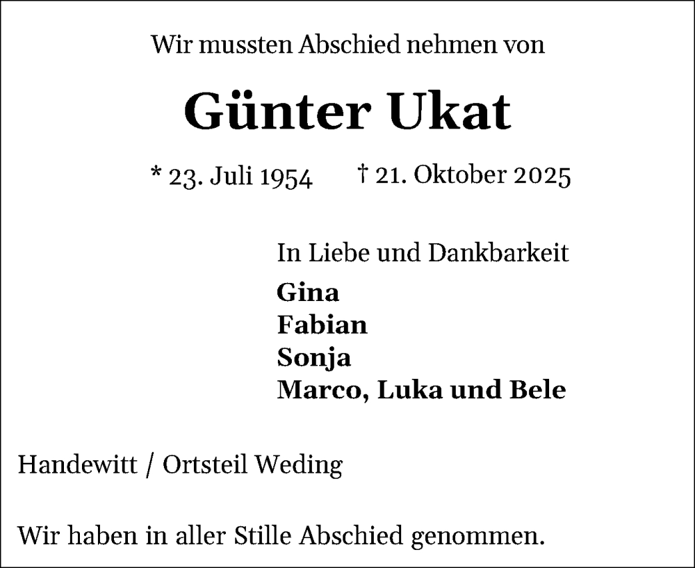  Traueranzeige für Günter Ukat vom 15.11.2025 aus Flensburger Tageblatt