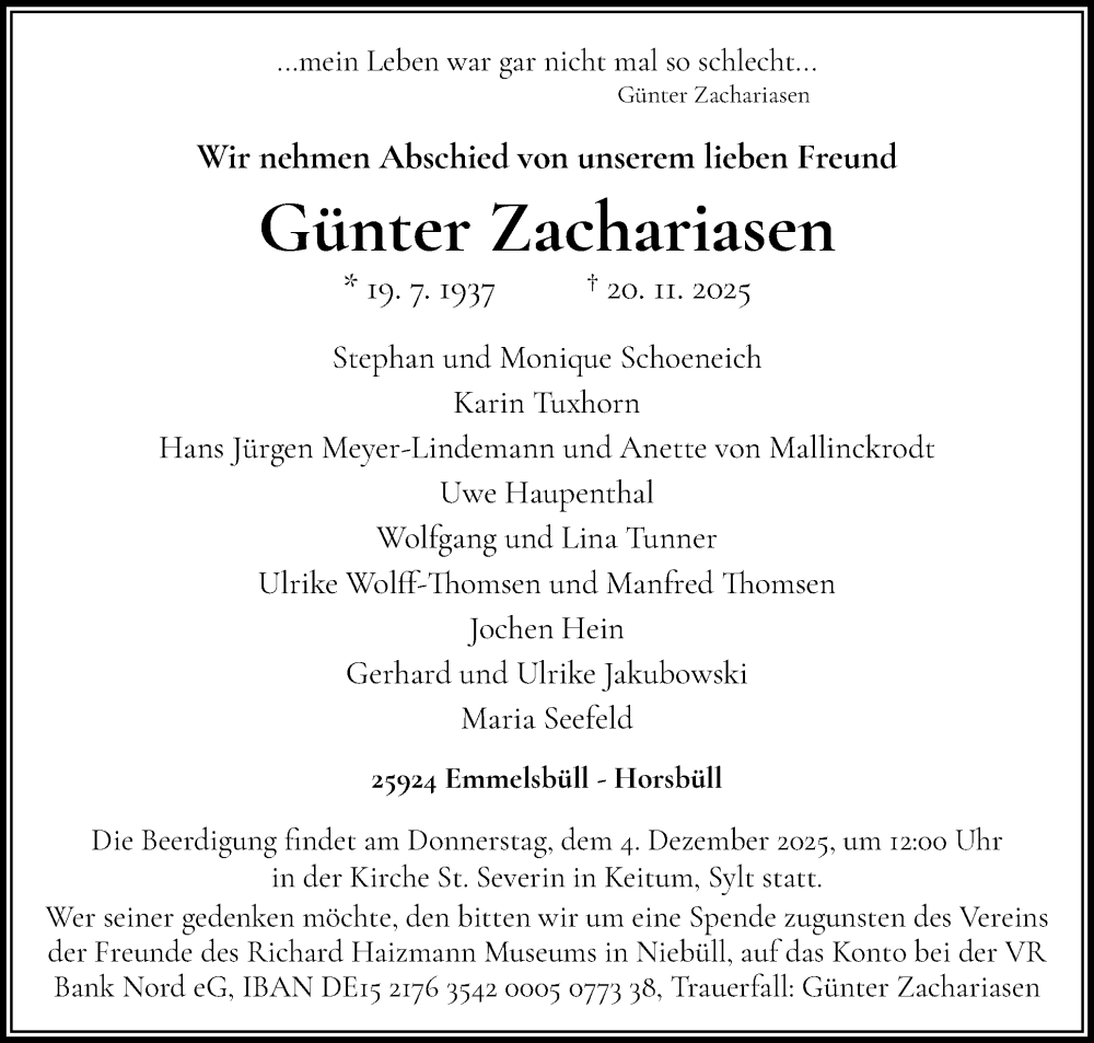  Traueranzeige für Günter Zachariasen vom 29.11.2025 aus Region Flensburg