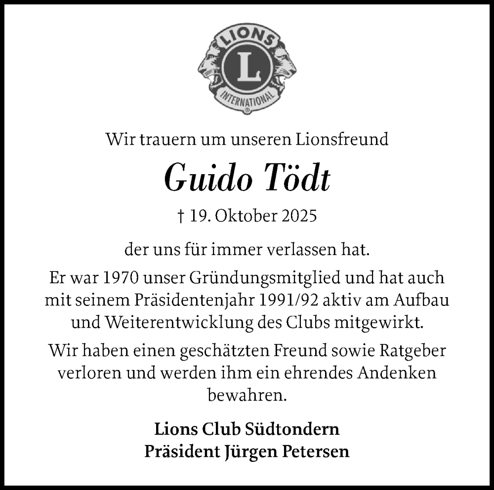  Traueranzeige für Guido Tödt vom 21.11.2025 aus Husumer Nachrichten, Nordfriesland Tageblatt