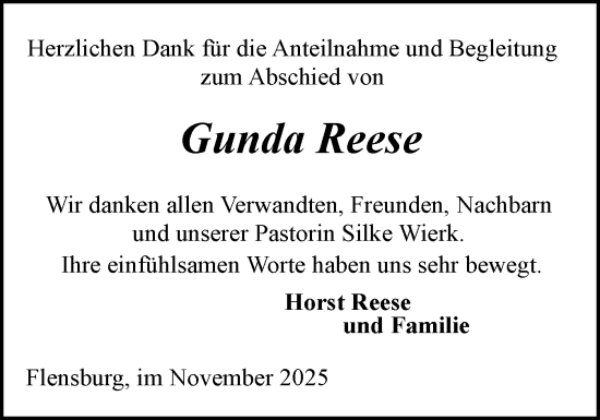 Traueranzeige von Gunda Reese von Flensburger Tageblatt