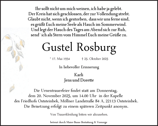 Traueranzeige von Gustel Rosburg von MARKT Glinde/Reinfeld