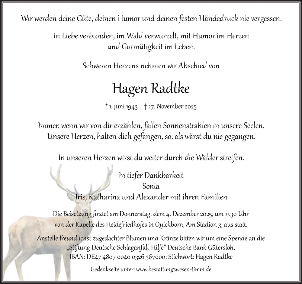  Traueranzeige für Hagen Radtke vom 29.11.2025 aus Umschau