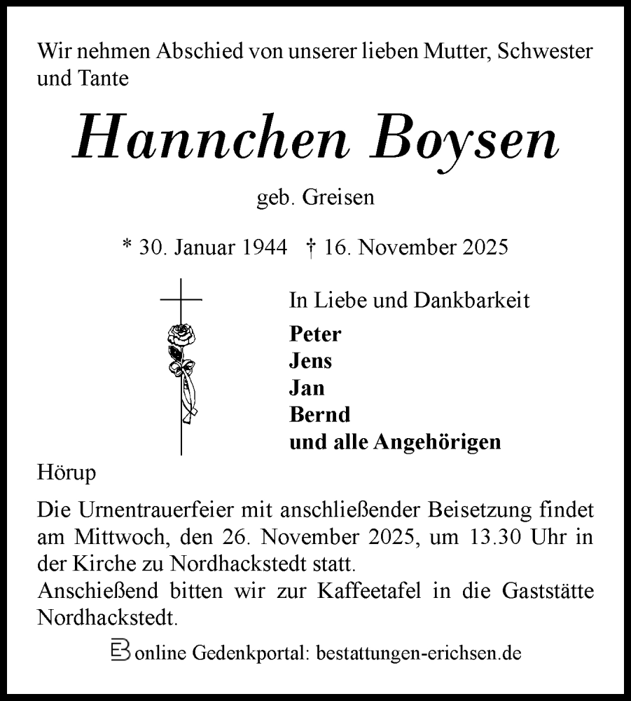  Traueranzeige für Hannchen Boysen vom 22.11.2025 aus Flensburger Tageblatt