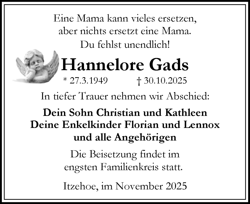  Traueranzeige für Hannelore Gads vom 22.11.2025 aus Norddeutsche Rundschau, Wilstersche Zeitung, Glückstädter Fortuna