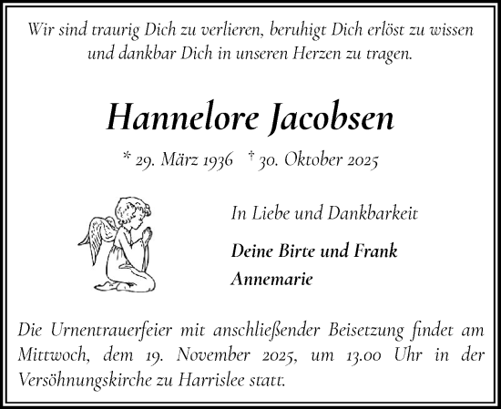 Traueranzeige von Hannelore Jacobsen von Flensburger Tageblatt