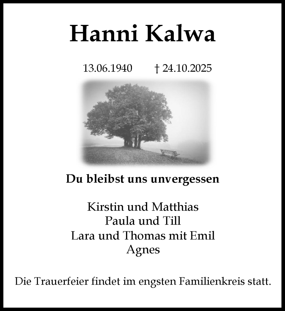  Traueranzeige für Hanni Kalwa vom 08.11.2025 aus Heimatspiegel