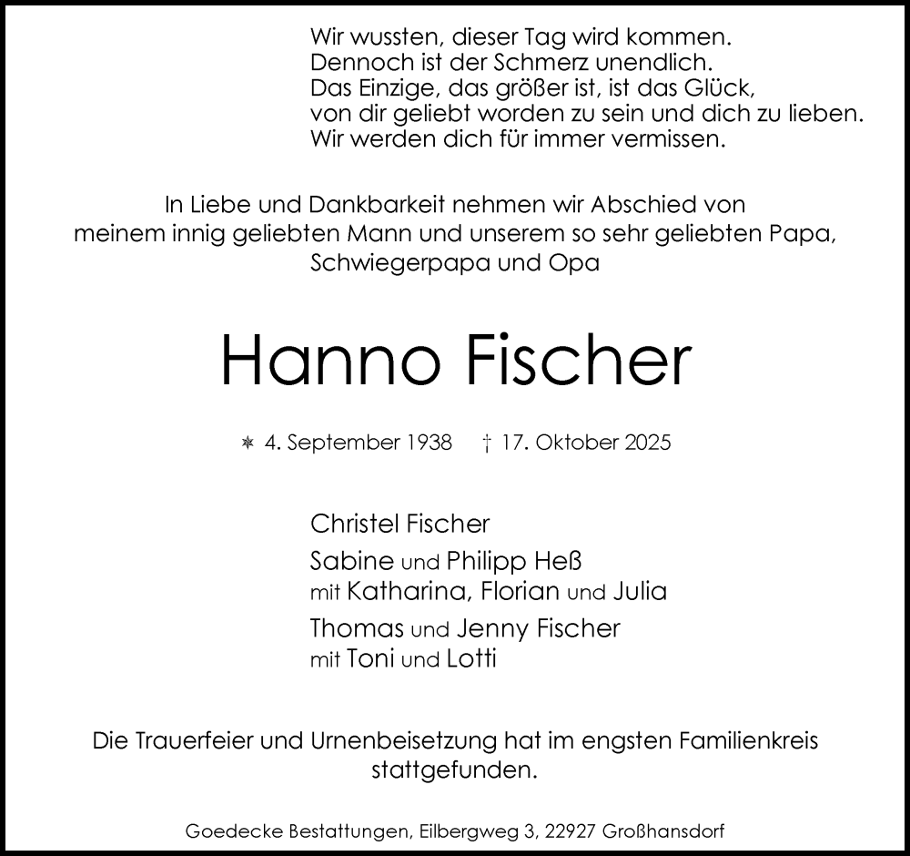  Traueranzeige für Hanno Fischer vom 08.11.2025 aus MARKT Ahrensburg/Bargteheide/Trittau und Stormarner Tageblatt