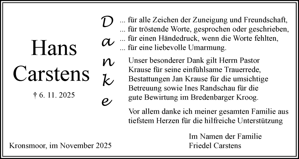  Traueranzeige für Hans Carstens vom 29.11.2025 aus Norddeutsche Rundschau, Wilstersche Zeitung, Glückstädter Fortuna