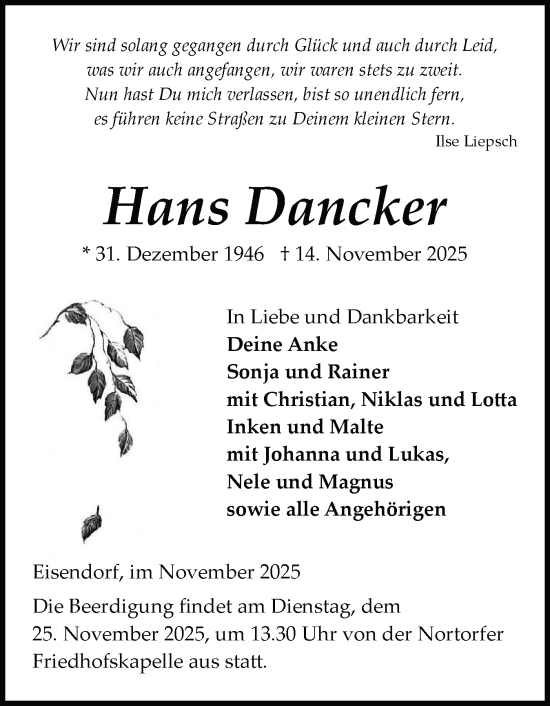 Traueranzeige von Hans Dancker von Schleswig-Holsteinische Landeszeitung