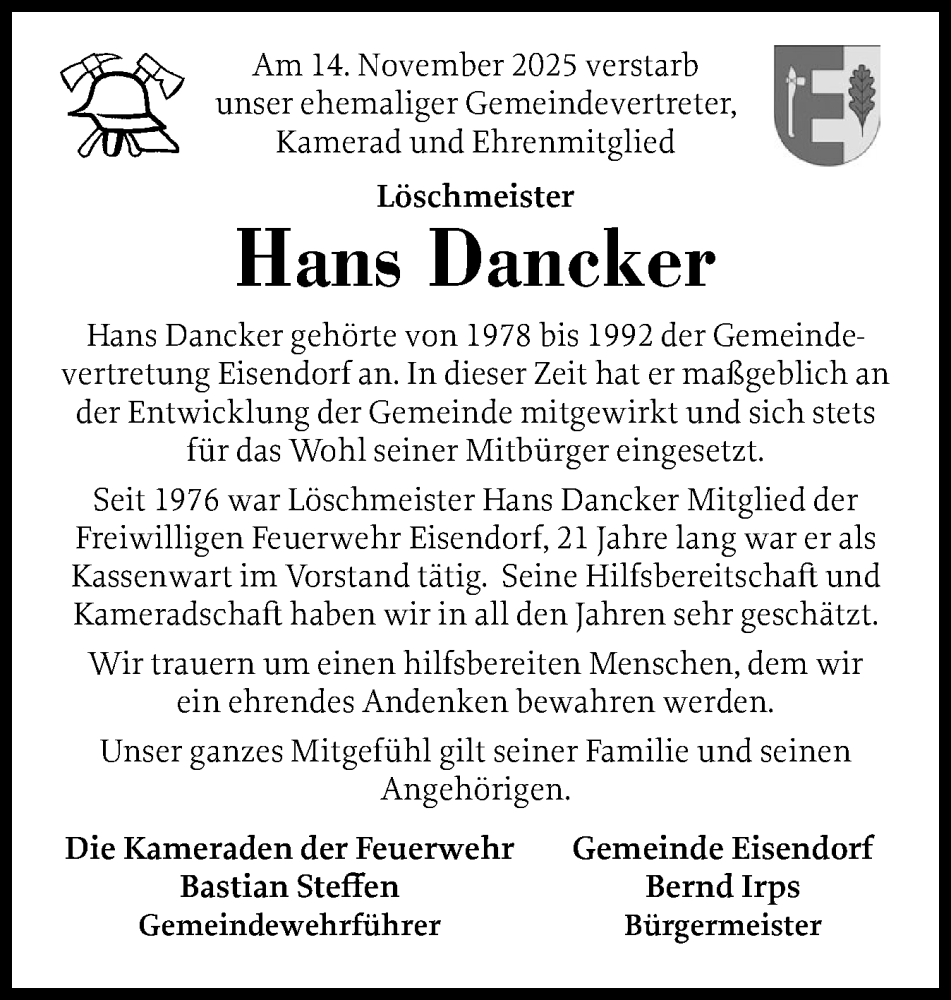  Traueranzeige für Hans Dancker vom 22.11.2025 aus Schleswig-Holsteinische Landeszeitung