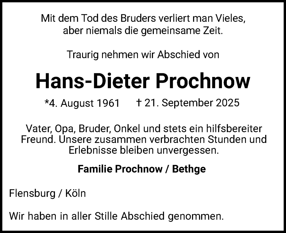  Traueranzeige für Hans-Dieter Prochnow vom 08.11.2025 aus Flensburger Tageblatt