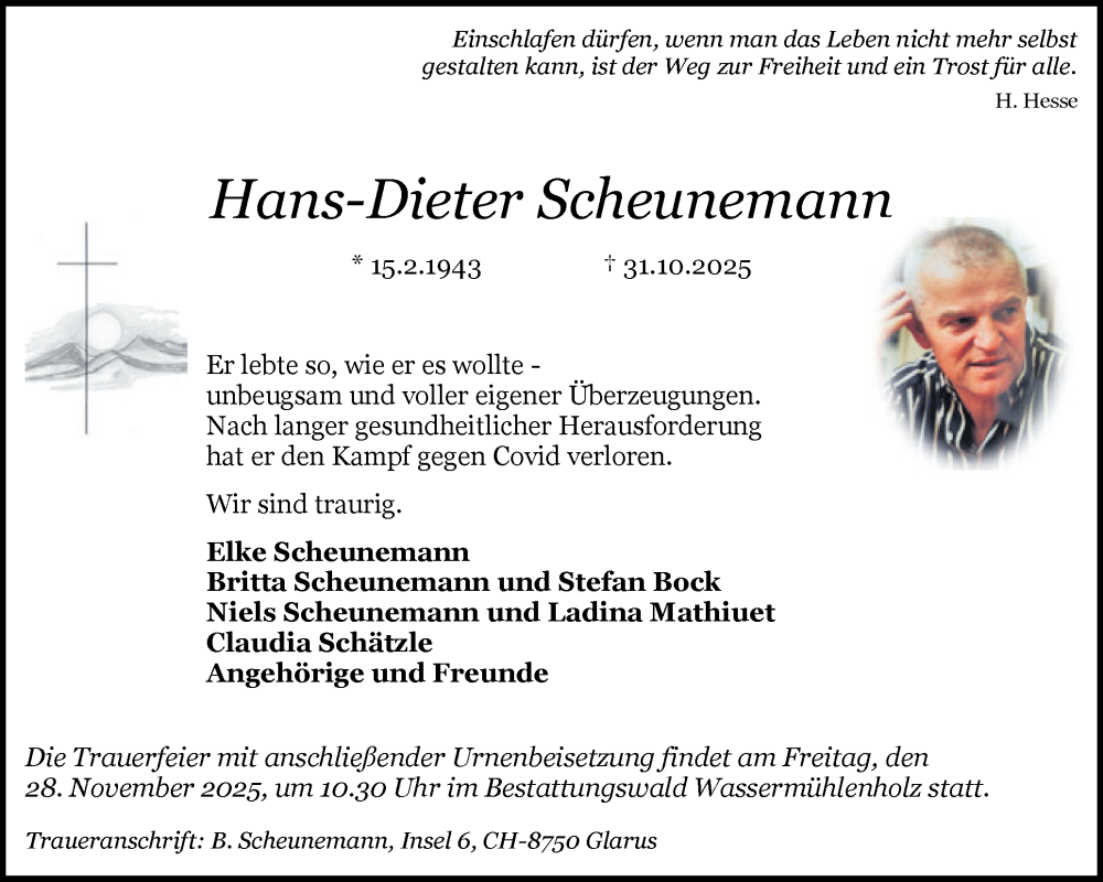  Traueranzeige für Hans-Dieter Scheunemann vom 22.11.2025 aus Schleswiger Nachrichten, Schlei-Bote