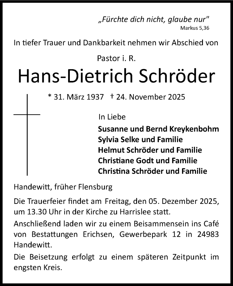  Traueranzeige für Hans-Dietrich Schröder vom 29.11.2025 aus Flensburger Tageblatt