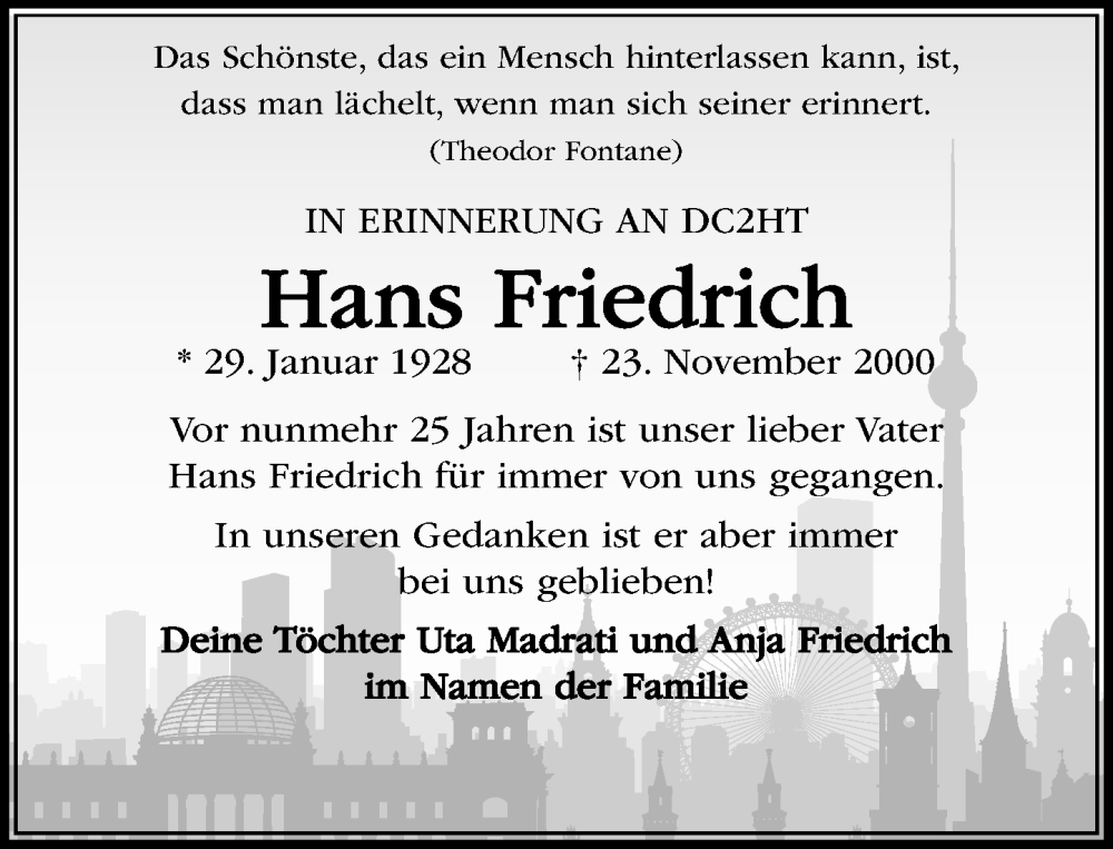  Traueranzeige für Hans Friedrich vom 22.11.2025 aus Heimatspiegel