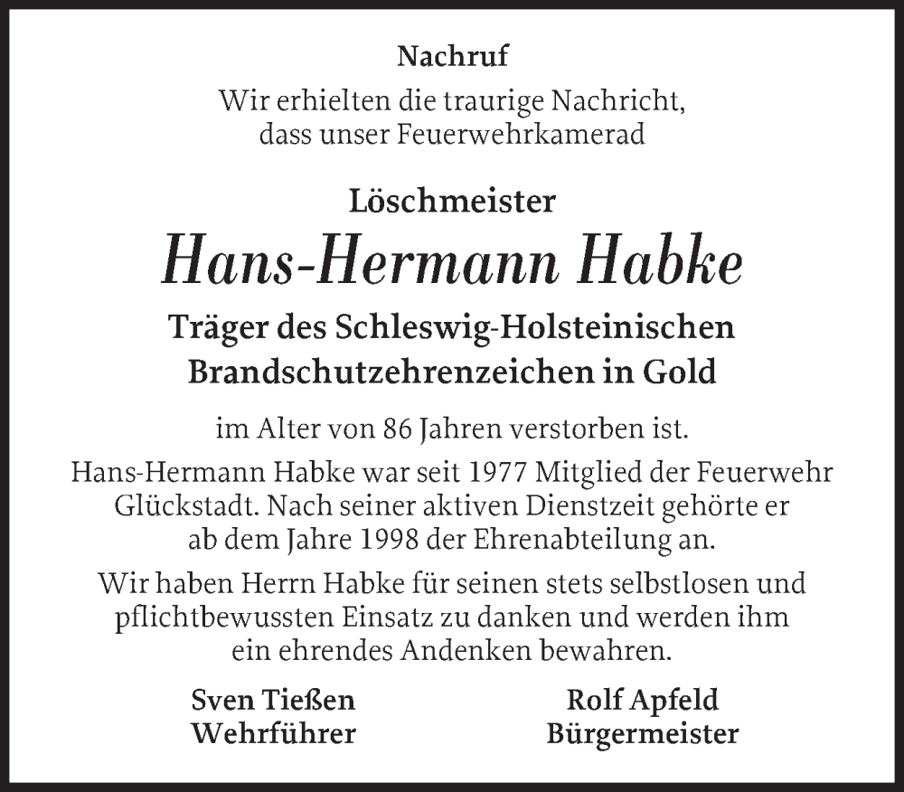  Traueranzeige für Hans-Hermann Habke vom 10.11.2025 aus Norddeutsche Rundschau, Wilstersche Zeitung, Glückstädter Fortuna