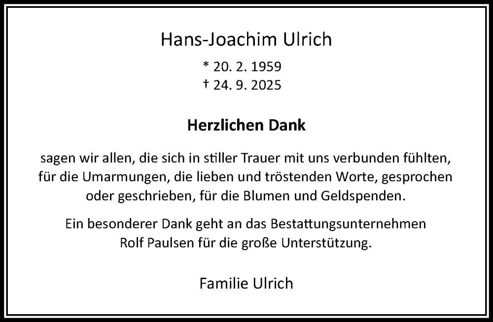  Traueranzeige für Hans-Joachim Ulrich vom 15.11.2025 aus MARKT Bad Oldesloe/Reinfeld und Stormarner Tageblatt