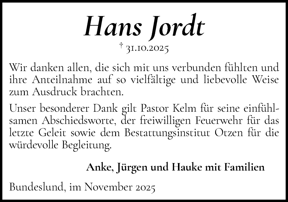  Traueranzeige für Hans Jordt vom 29.11.2025 aus Flensburger Tageblatt