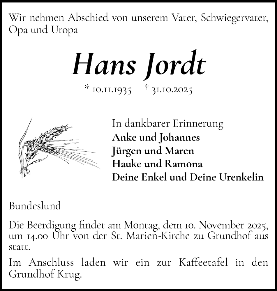 Traueranzeige für Hans Jordt vom 05.11.2025 aus Flensburger Tageblatt