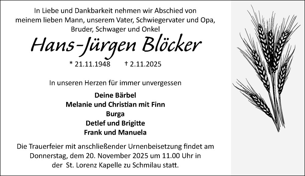  Traueranzeige für Hans-Jürgen Blöcker vom 15.11.2025 aus MARKT Ratzeburg/Mölln