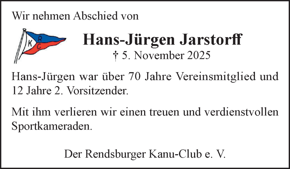  Traueranzeige für Hans-Jürgen Jarstorff vom 15.11.2025 aus Schleswig-Holsteinische Landeszeitung
