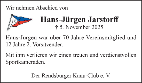 Traueranzeige von Hans-Jürgen Jarstorff von Schleswig-Holsteinische Landeszeitung