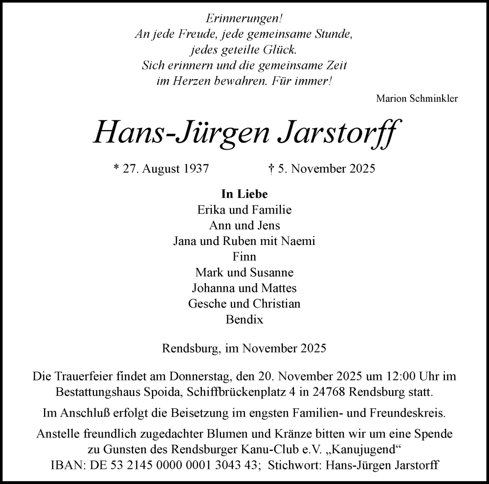  Traueranzeige für Hans-Jürgen Jarstorff vom 15.11.2025 aus Schleswig-Holsteinische Landeszeitung
