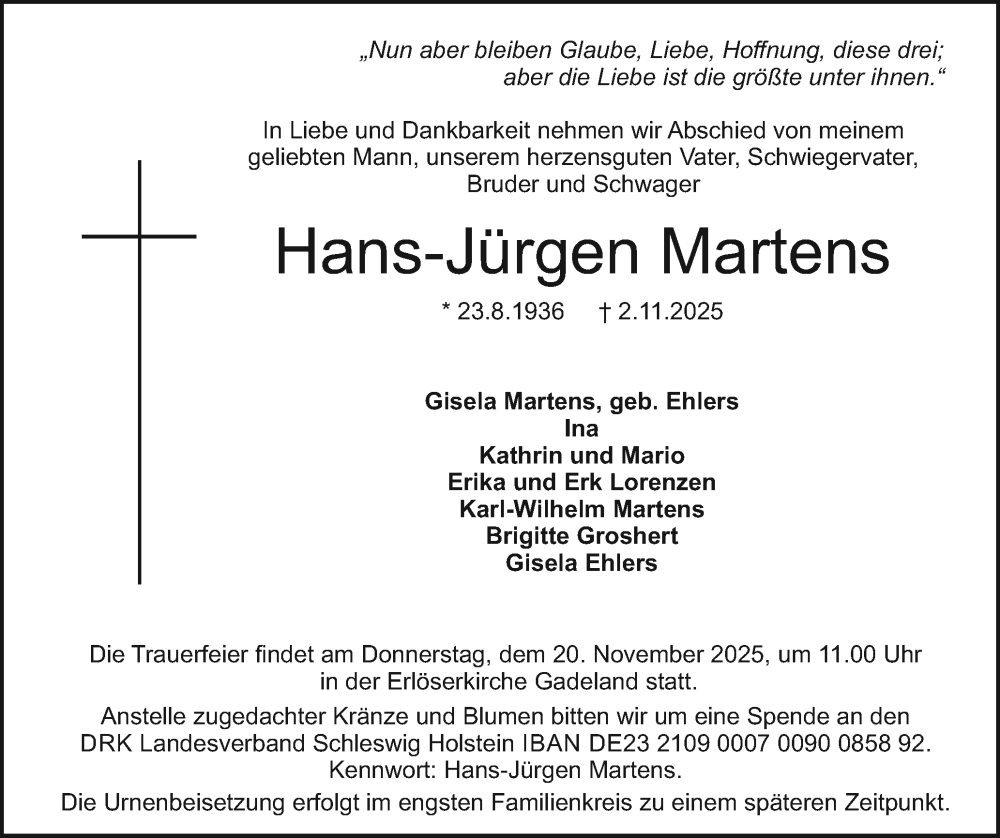  Traueranzeige für Hans-Jürgen Martens vom 15.11.2025 aus Holsteinischer Courier