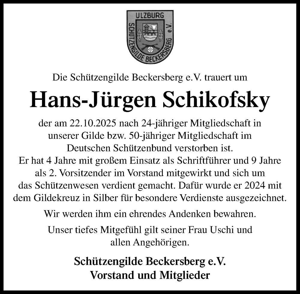  Traueranzeige für Hans-Jürgen Schikofsky vom 22.11.2025 aus Umschau