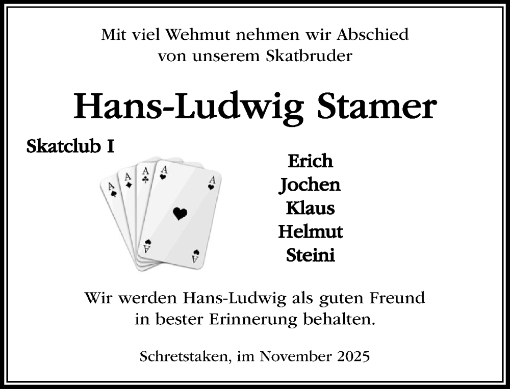  Traueranzeige für Hans-Ludwig Stamer vom 08.11.2025 aus MARKT Ratzeburg/Mölln