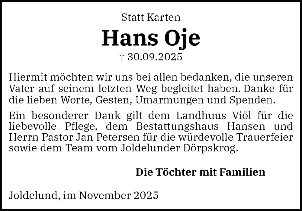  Traueranzeige für Hans Oje vom 15.11.2025 aus Husumer Nachrichten, Nordfriesland Tageblatt